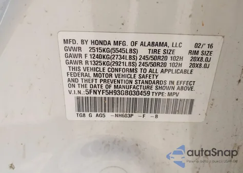 2016 Honda Pilot Touring z USA, uszkodzony, nr VIN 5FNYF5H93GB030459